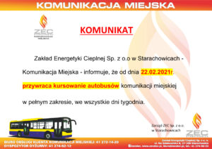 KOMUNIKAT - od 22.02.2021r. przywrócone zostaje kursowanie autobusów KM